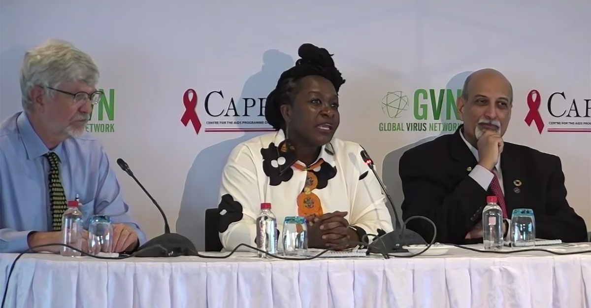 Dr. Nadia Sam-Agudu (University of Minnesota and Institute of Human Virology, Nigeria) answers a question at the GVN press conference at the conclusion of the GVN Annual Scientific Meeting in Durban, South Africa (18 September 2024). Also pictured is Dr. Sten Vermund (left, GVN President and Yale School of Public Health) and Professor Salim S. Abdool Karim (Director of CAPRISA) who co-hosted the meeting.